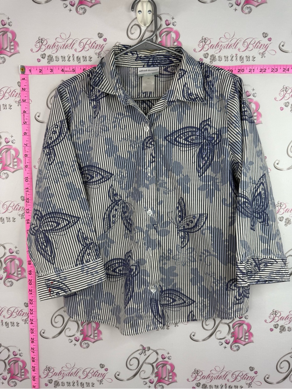 Alfred Dunner butterfly y2k Navy and White Floral-Stripe Button Front Shirt